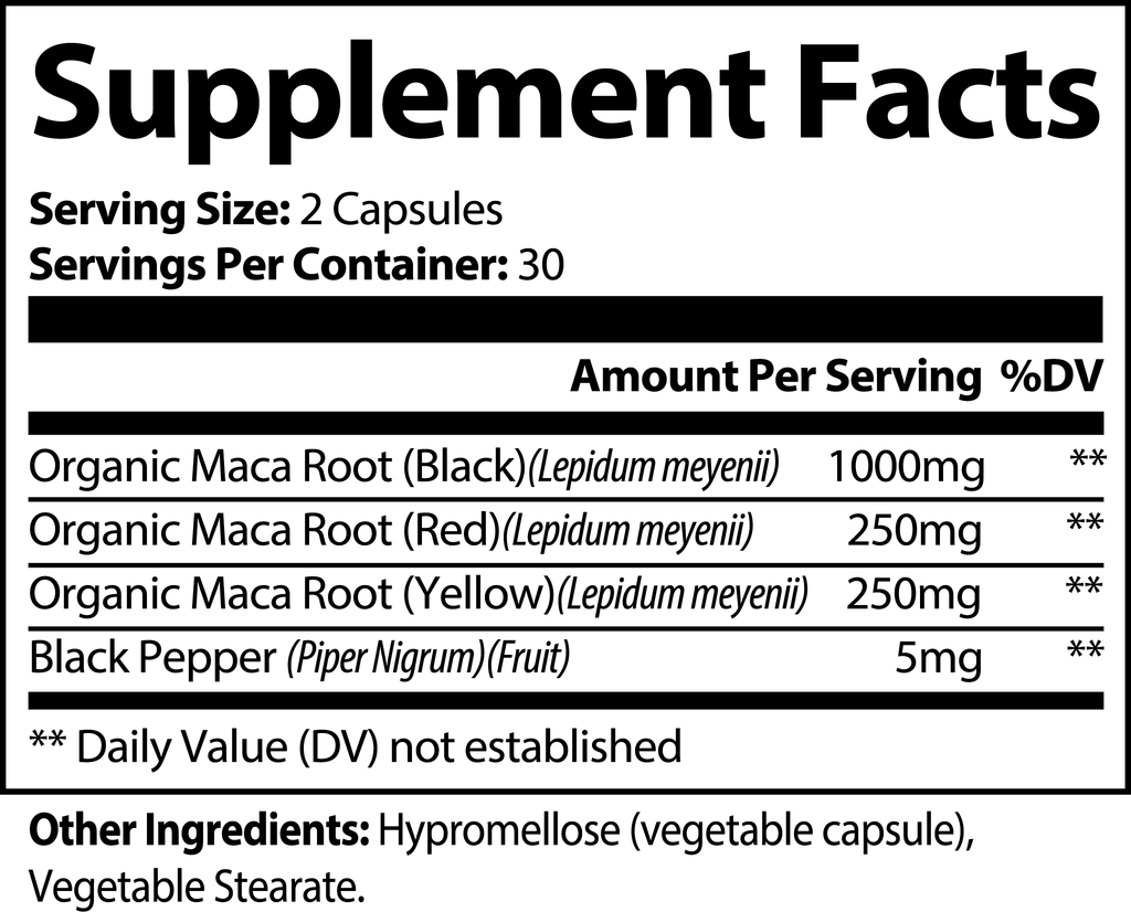 Maca Plus — Red, Black & Yellow Organic Maca | Energy, Vitality & Balance (1,500+ mg per Serving, 60 Capsules)
