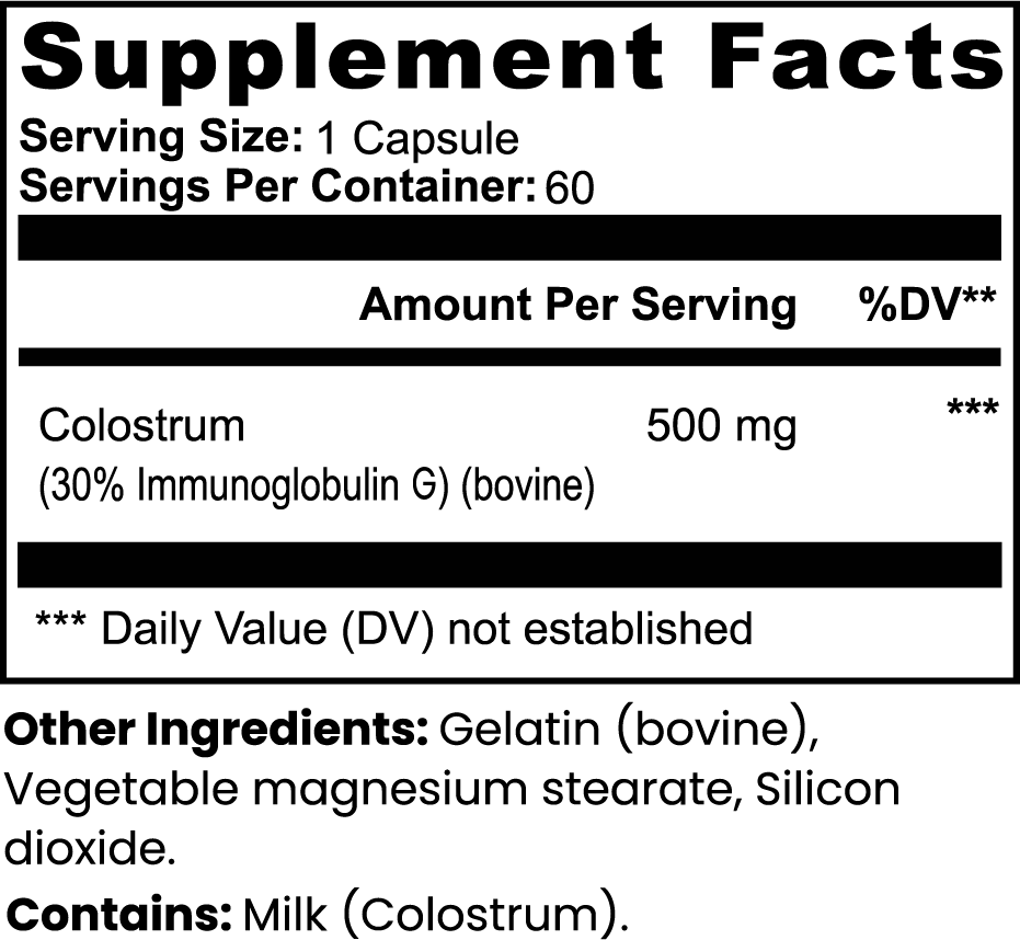 Colostrum Immune & Gut Support Capsules — 500 mg, 30% IgG (Bovine)