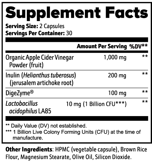 Gut Health — Apple Cider Vinegar, Inulin Prebiotic, Probiotic (L. acidophilus) & DigeZyme® (60 caps)
