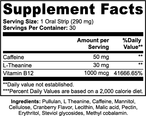 Quick Strip Energy — Green Tea Caffeine + L-Theanine, B12 | Fast-Dissolving Oral Strips (30 ct)