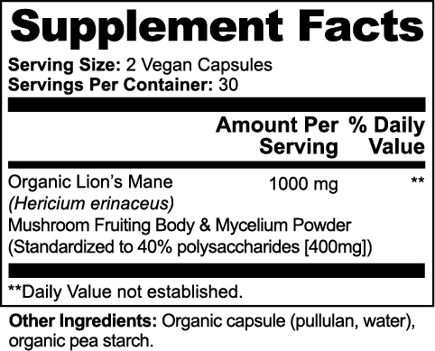 Lion’s Mane Mushroom — For Focus & Mental Clarity — Organic Fruiting Body & Mycelium (40% Polysaccharides) 60 Vegan Capsules